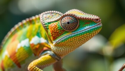 striking close-up of a chameleons skin showcasing color-changing chromatophores razor-sharp detail on scales and ridges set against a blurred natural backdrop enhancing the