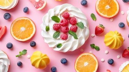 Whipped Cream, Raspberries, Orange Slices, Mint and Blueberries on Pink Background.