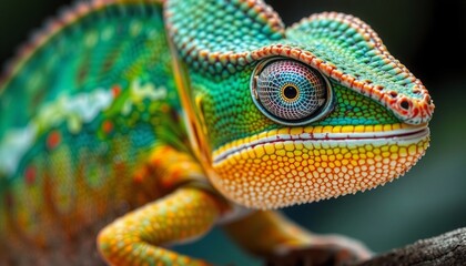 hyper-realistic view of chameleons textured skin color-shifting chromatophores visible detailed ridges and scales sharply defined high-resolution shot showing dynamic color