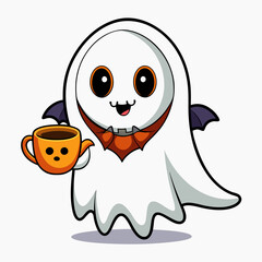 Halloween Ghost with Coffee Vector Illustration - Cartoon, Clipart, and Line Art Design