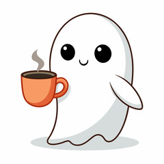 Halloween Ghost with Coffee Vector Illustration - Cartoon, Clipart, and Line Art Design