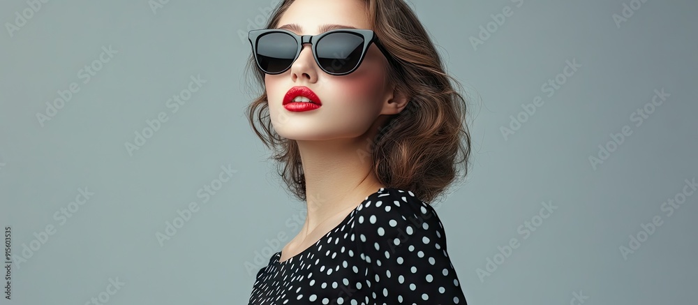Poster Portrait of an attractive model wearing a dotted dress and sunglasses against a gray background. with copy space image. Place for adding text or design