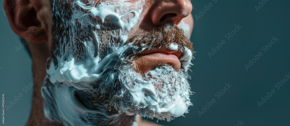 Aufkleber Cropped image of a man shaving his beard with foam on his face set against a grey background. with copy space image. Place for adding text or design