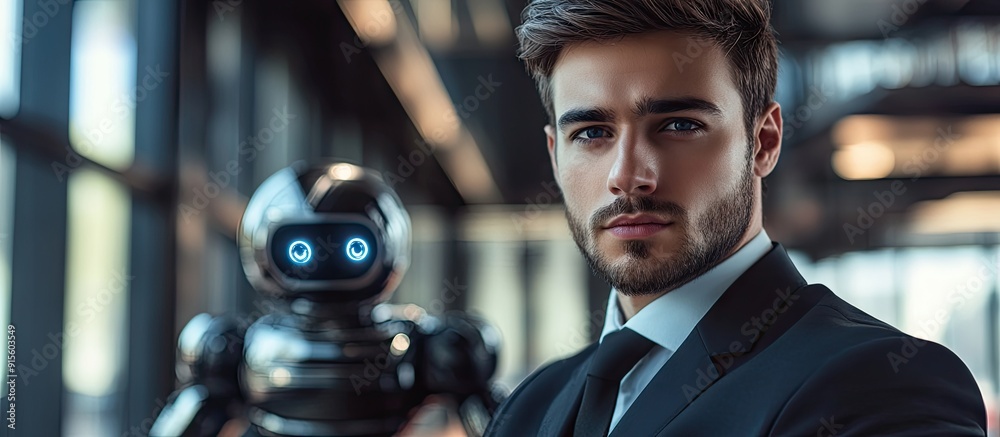 Poster portrait of a young businessman with a toy robot in a contemporary loft office concepts of success c