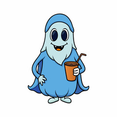 Halloween Ghost with Coffee Vector Illustration - Cartoon, Clipart, and Line Art Design