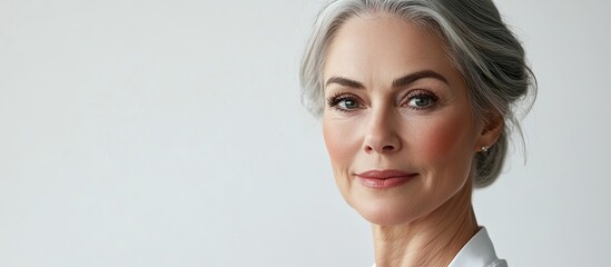 Beautiful 50s middle aged woman isolated against a white background Healthy facial skin care beauty Close up portrait of an older woman smiling Anti aging concept for skincare cosmetics product web b