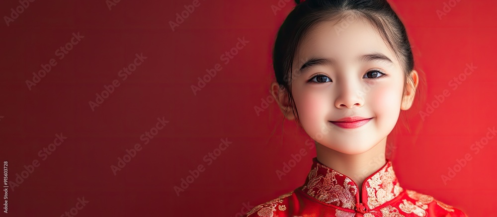 Poster portrait of a young asian girl smiling adorably in a red dress with space for text. with copy space 