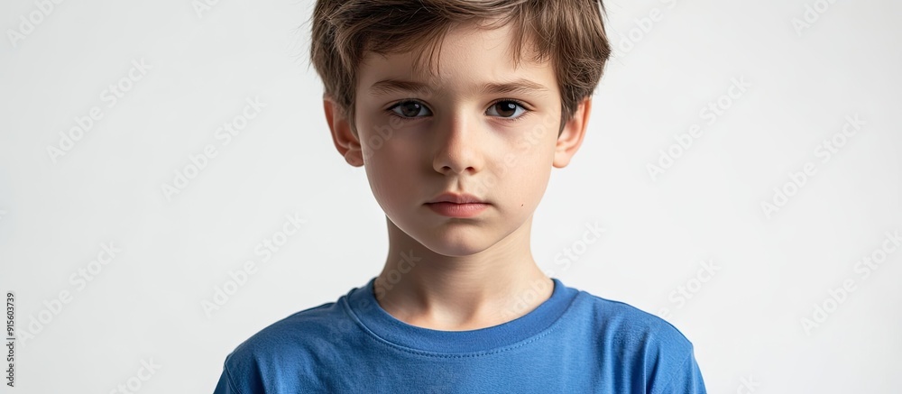 Poster Close up portrait of a young boy in a blue t shirt with a serious expression against a white background. with copy space image. Place for adding text or design