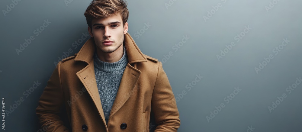 Poster Young man wearing a coat on a gray backdrop. with copy space image. Place for adding text or design