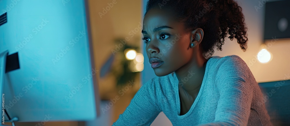 Poster young African American woman operating a computer mouse while gazing at the monitor at home. with copy space image. Place for adding text or design