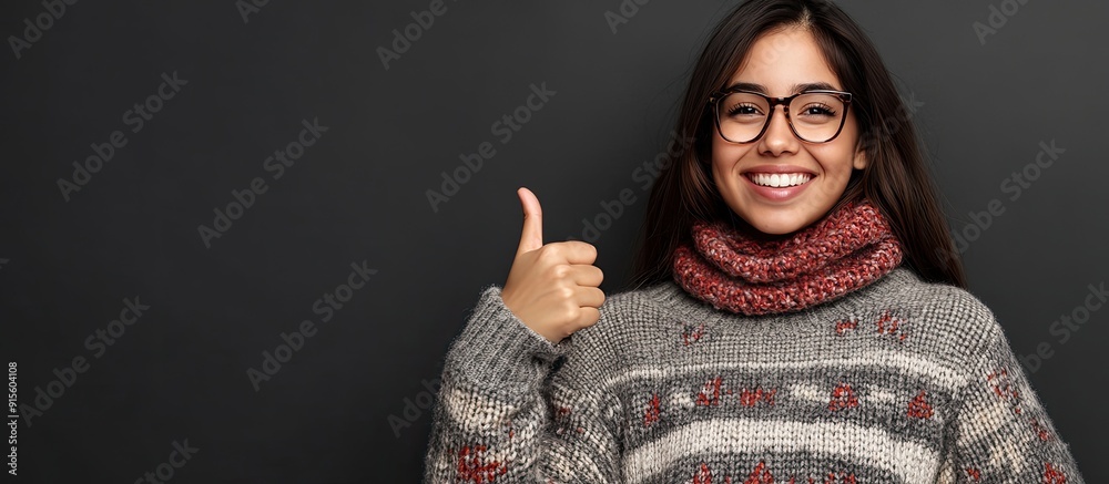 Poster Young Hispanic woman dressed in a casual winter sweater smiling happily while looking and pointing to the side with a thumbs up. with copy space image. Place for adding text or design