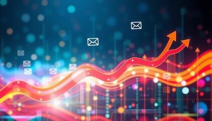 futuristic digital canvas showcasing a spectrum of colors featuring interlinked email symbols and dynamic growth arrows capturing the essence of reaching new heights in audien
