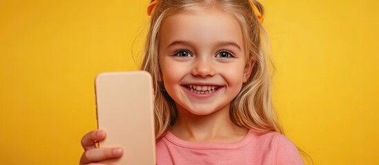 Close up of a smiling little blonde girl 12 13 years old in casual clothes taking a selfie with a mobile phone while looking at the camera set against a yellow background in a children s studio Child