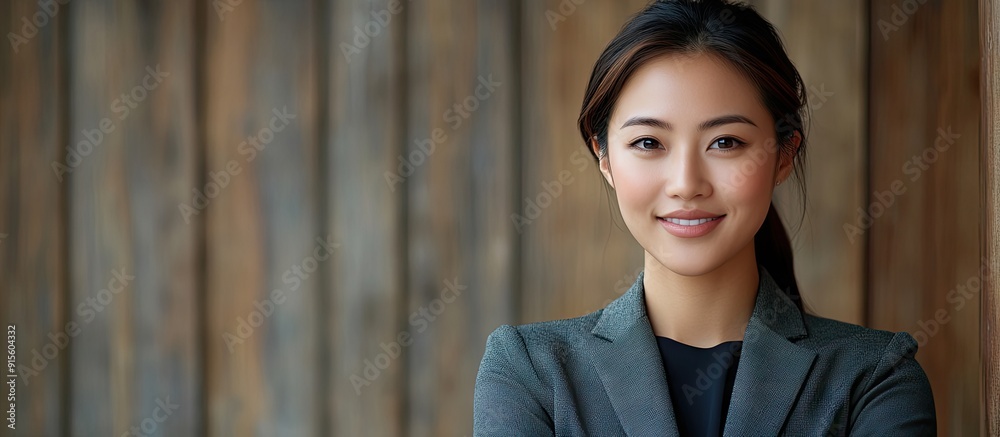Poster joyful young asian businesswoman. with copy space image. place for adding text or design