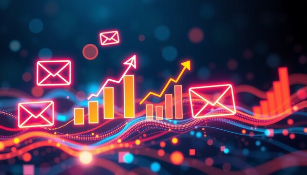 abstract digital artwork presenting email marketing symbols growth metrics and animated data flows highlighted by neon colors and dynamic patterns conveying a sense of conne