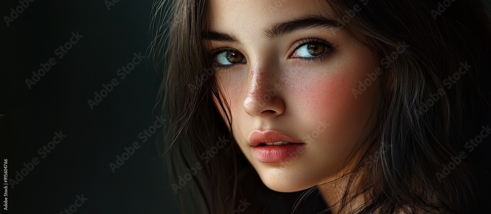 Poster Attractive brunette girl. with copy space image. Place for adding text or design