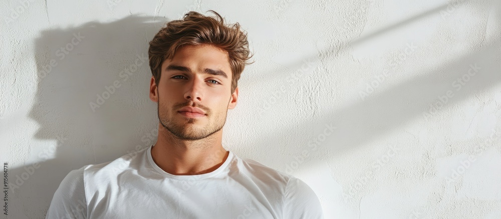 Poster a handsome man in a white t shirt is looking at the camera while lying on a white surface with light