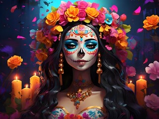 anime girl in catrina costume for Dia de Muertos celebration in Mexico