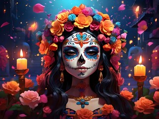 anime girl in catrina costume for Dia de Muertos celebration in Mexico