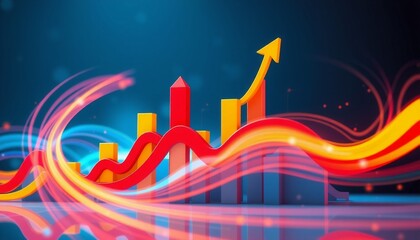 vibrant red blue and yellow colors swirl around a prominent seo graph showing upward trends and the success of digital marketing strategies in a futuristic high-tech style