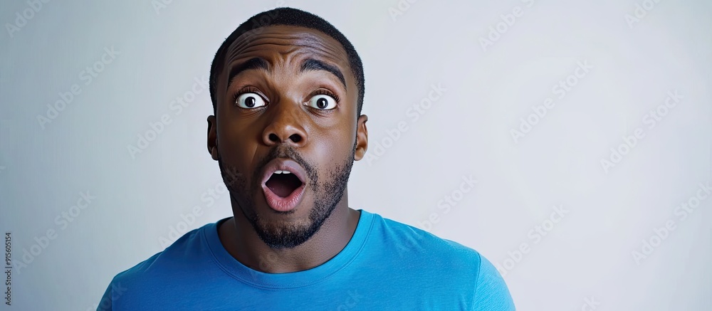 Poster a shocked african american man in a blue t shirt has a bewildered look on his face against a plain w