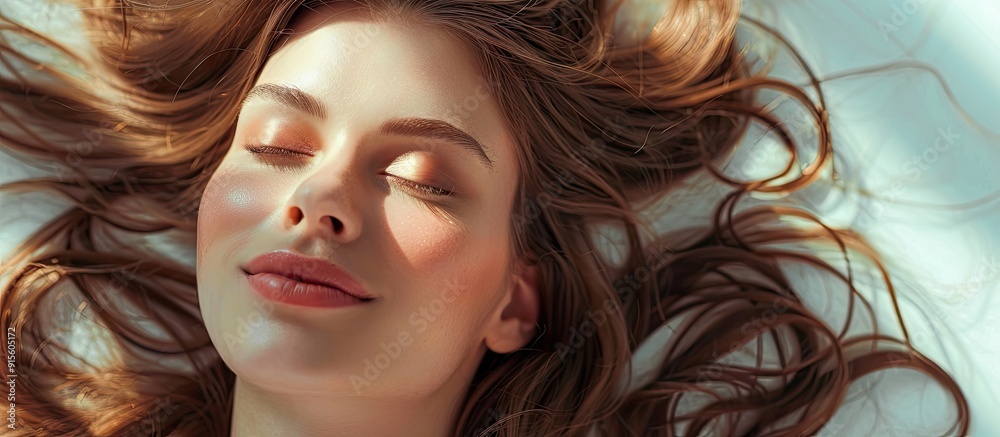 Aufkleber portrait of a beautiful young woman with stunning chestnut hair against a light background providing