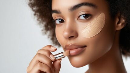 Young woman applying foundation on her cheek in a quiet indoor setting during daylight hours