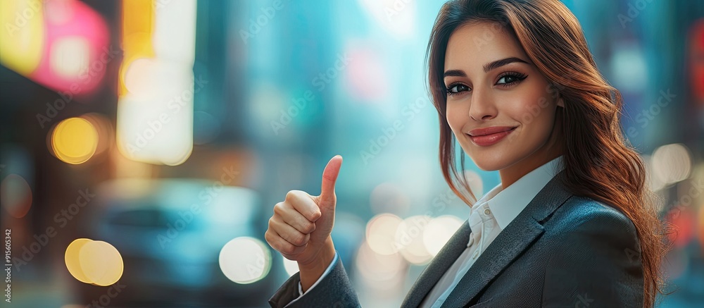 Poster a successful businesswoman gives a thumbs up. with copy space image. place for adding text or design