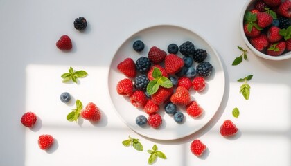 minimalist flat lay featuring a white ceramic plate with vibrant mixed berries arranged artfully small sprigs of mint scattered around soft natural light creating gentle shado