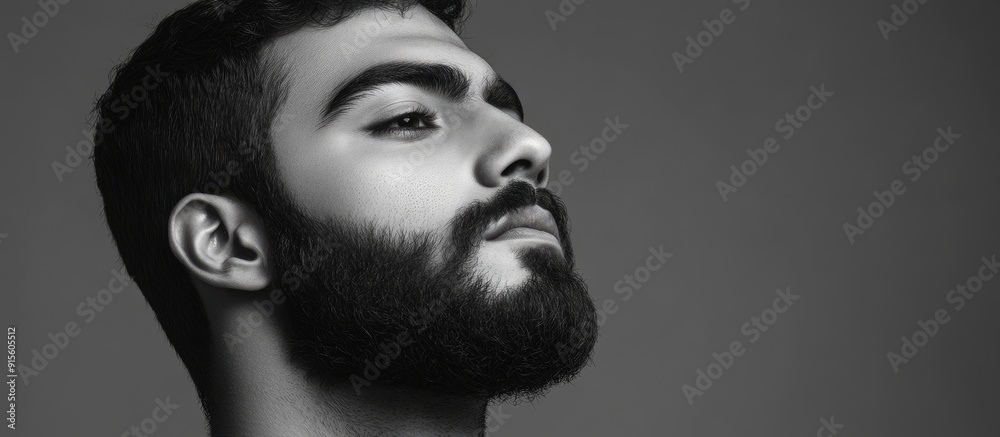Aufkleber studio shot of a handsome young persian man with a beard against a gray background in black and whit