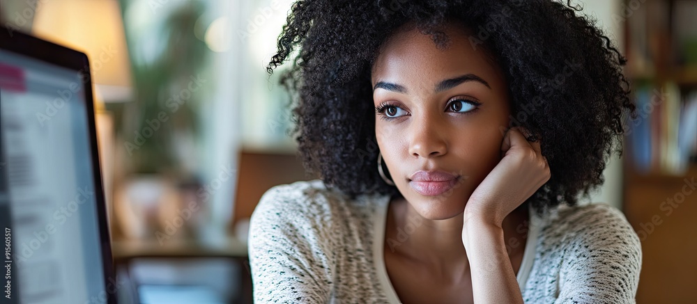 Poster young African American woman operating a computer mouse while gazing at the monitor at home. with copy space image. Place for adding text or design
