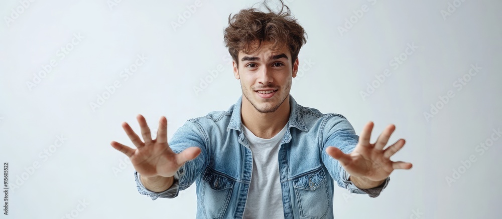 Poster attractive young brunette man in a denim shirt making gestures with his hands against a white backgr
