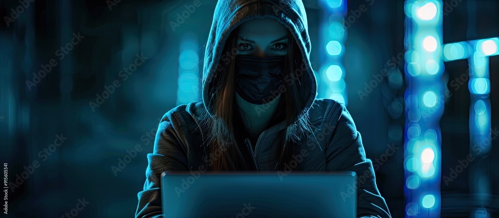 Poster Portrait of a female hacker dressed in a hoodie and balaclava in a dimly lit room. with copy space image. Place for adding text or design