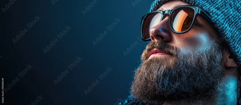 Aufkleber a bearded hipster wearing stylish sunglasses and a beanie hat gazing off to the side banner. with co