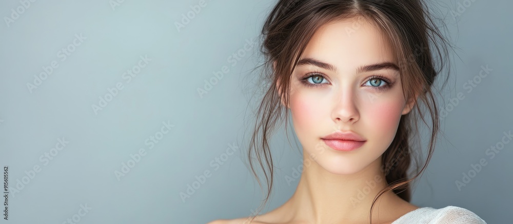 Poster portrait of a beautiful young woman studio shot against a grey background. with copy space image. pl