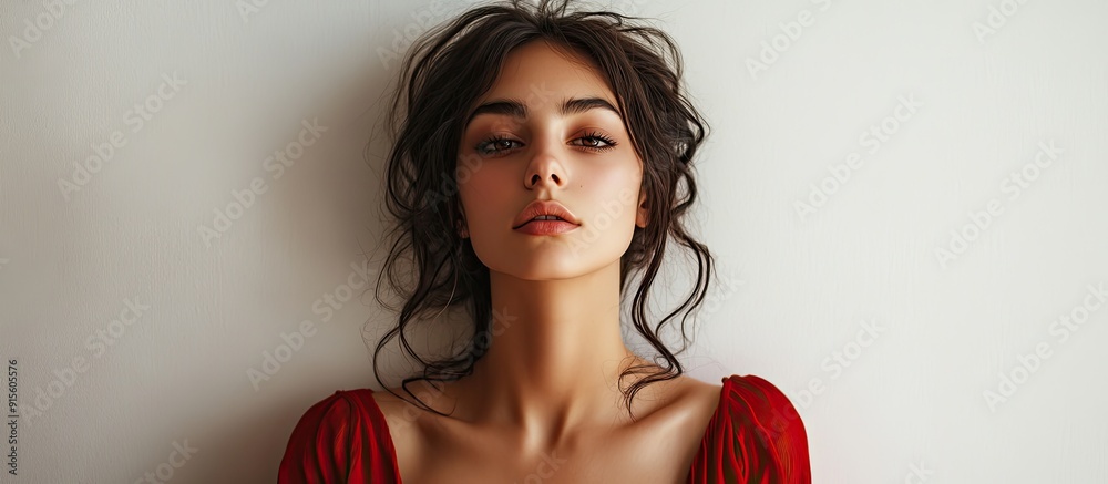 Poster portrait of a woman against a white wall. with copy space image. place for adding text or design