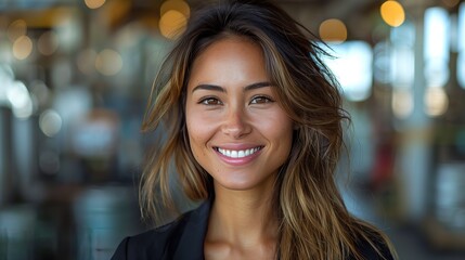 Obraz premium Confident Businesswoman Smiling, a professional woman exuding positivity, dressed in business attire, showcasing her success and approachability in a vibrant office environment