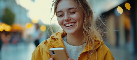 A beautiful young woman is checking her mobile phone and laughing. with copy space image. Place for adding text or design