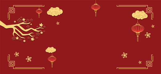 Chinese traditional patterns frame with clouds, flowers, lantern, asian elements on red horizontal background. Greeting vector card template. Lunar New Year 2025