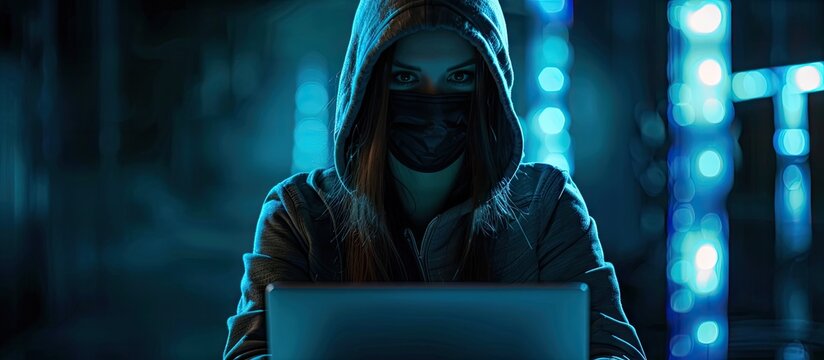 Portrait of a female hacker dressed in a hoodie and balaclava in a dimly lit room. with copy space image. Place for adding text or design