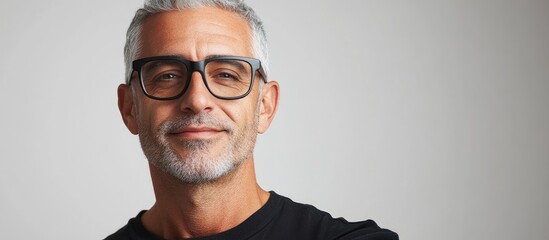 Full length shot of a fashionable middle aged man with grey hair in glasses posing beside a studio spotlight against a white background while looking at the camera. with copy space image