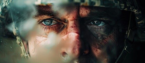 Naklejka premium A blurred military veteran experiencing emotional distress while gazing into a mirror at home. with copy space image. Place for adding text or design