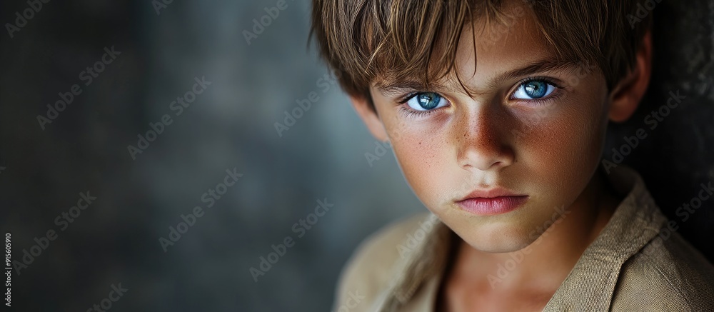 Poster appealing boy with blue eyes wearing an unbuttoned shirt. with copy space image. place for adding te