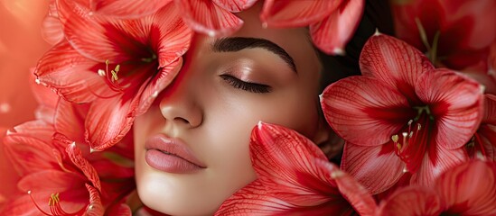 A portrait featuring a cluster amaryllis alongside a woman. with copy space image. Place for adding text or design