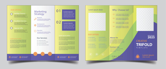Tri fold Business Brochure Template Layout. Corporate Design Leaflet with Replaceable Image Shape. Template triple folding brochure printing and advertisement