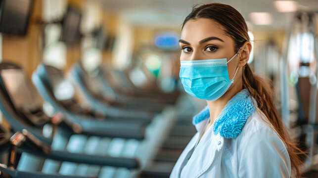 Doctor wearing a face mask in a gym with treadmills in the background