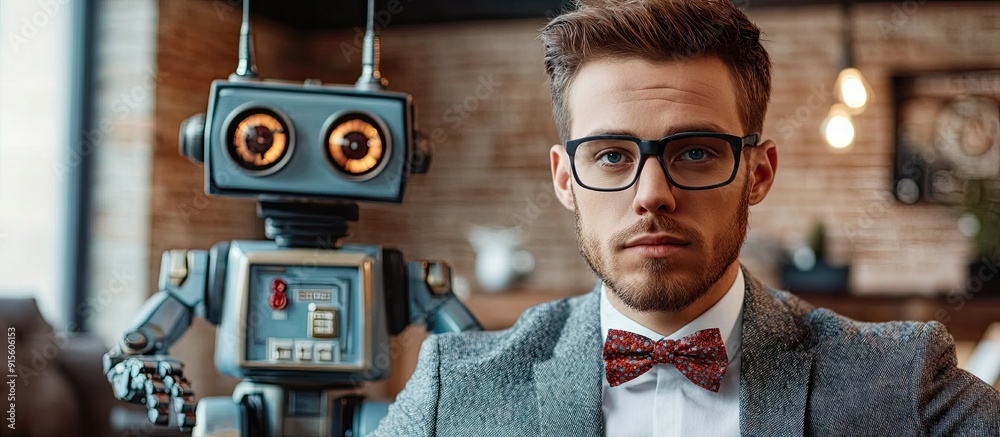 Poster portrait of a young businessman with a toy robot in a contemporary loft office concepts of success c