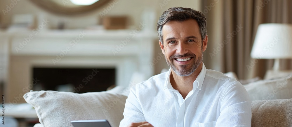 Poster Portrait of a smiling man utilizing a digital tablet in a parlor. with copy space image. Place for adding text or design