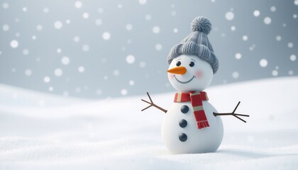 a whimsical 3d cartoon snowman with a vibrant carrot nose and a cozy knitted hat is positioned in a serene snowy landscape flakes gently falling from the gray sky creating a
