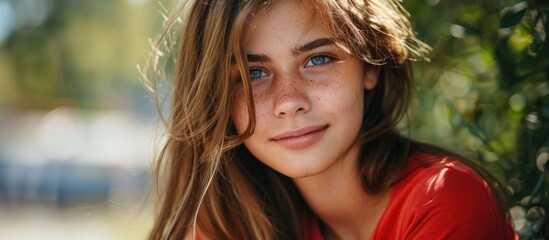 Fototapeta premium Close up portrait of a lovely young girl in a red shirt set against an urban landscape backdrop. with copy space image. Place for adding text or design